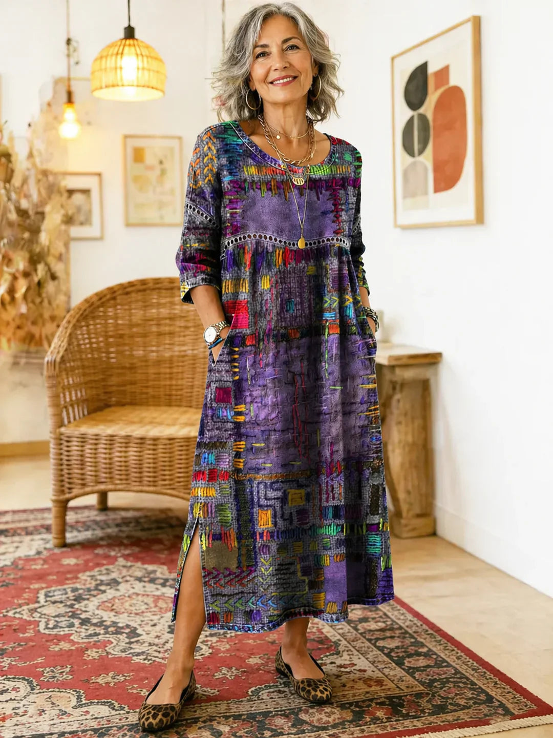 HIMAYA | Vestido de denim estampado étnico