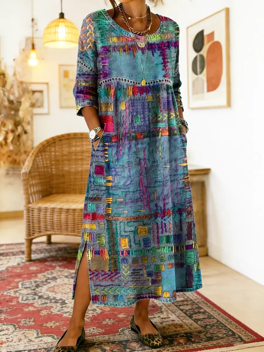 HIMAYA | Vestido de denim estampado étnico