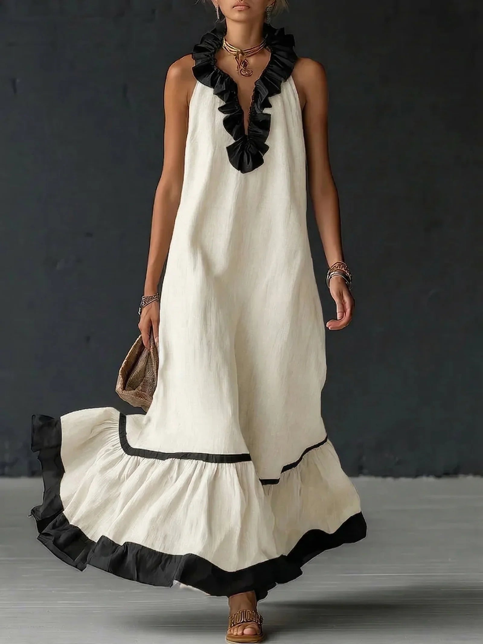 GEORGINA | Vestido largo con volantes contrastantes