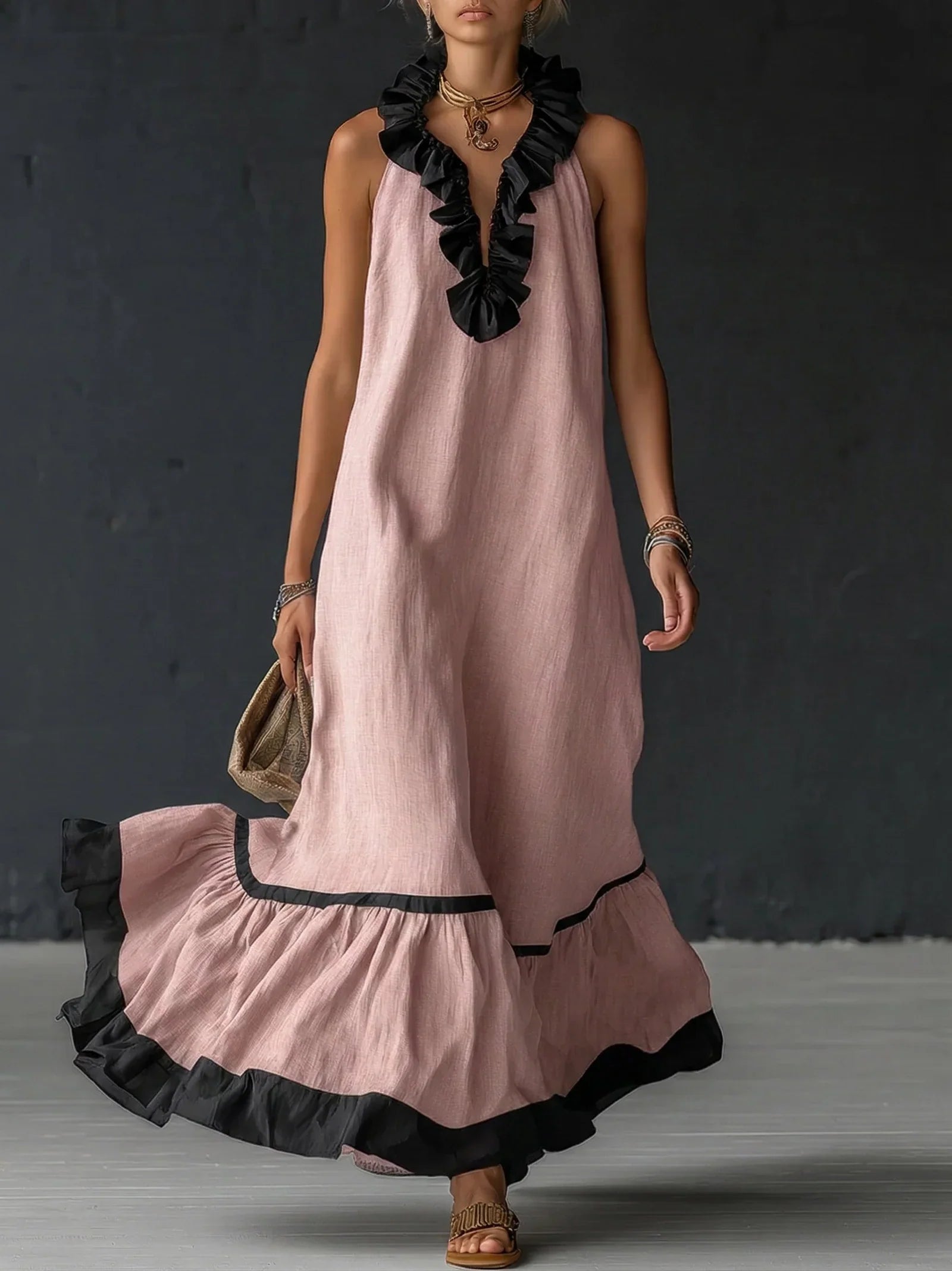 GEORGINA | Vestido largo con volantes contrastantes