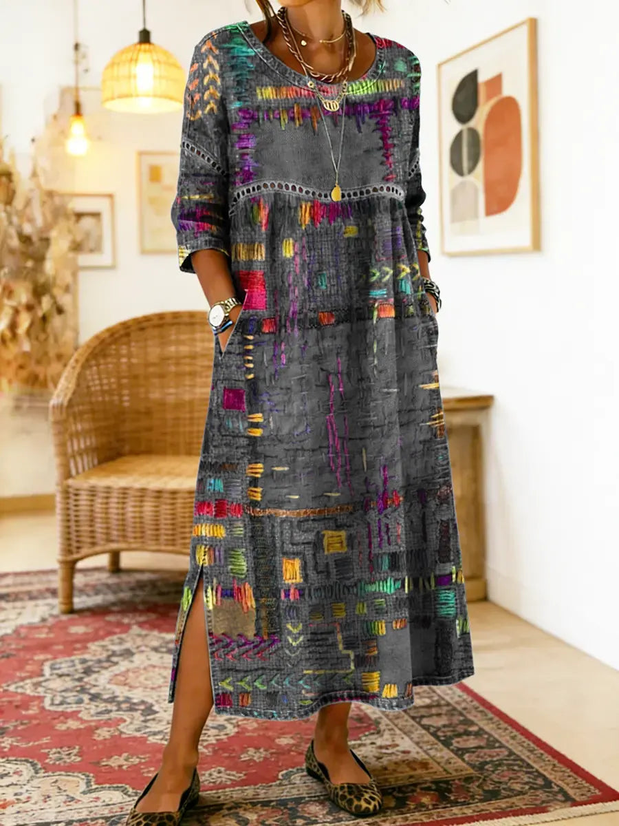 HIMAYA | Vestido de denim estampado étnico
