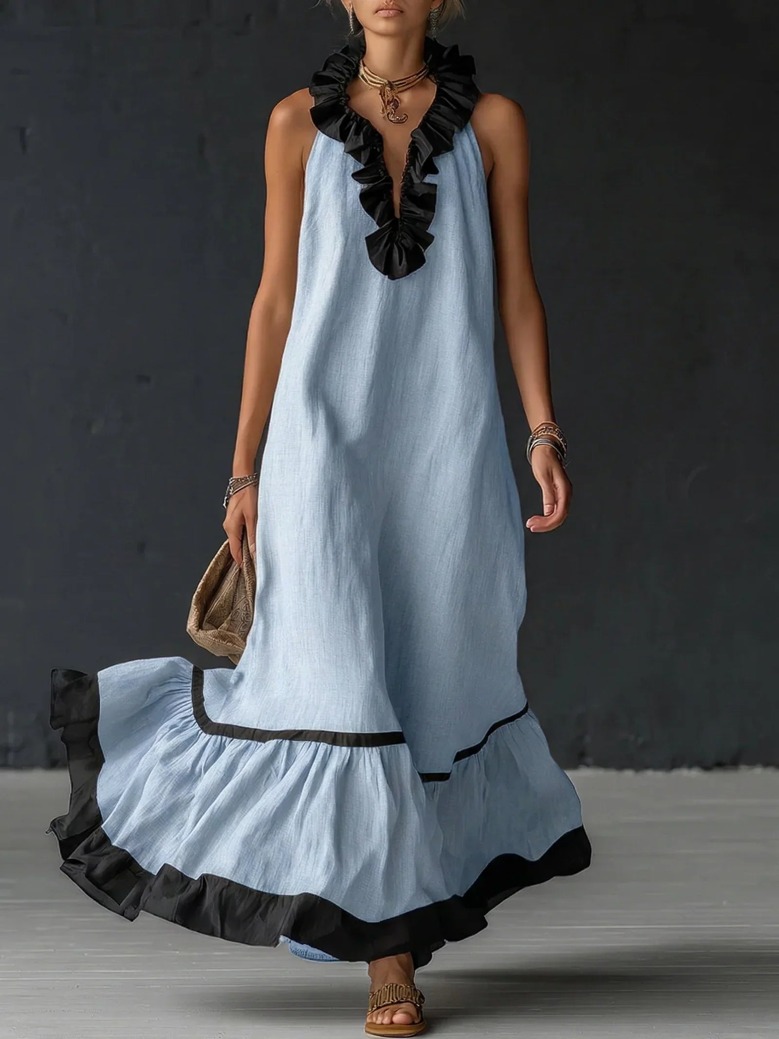 GEORGINA | Vestido largo con volantes contrastantes